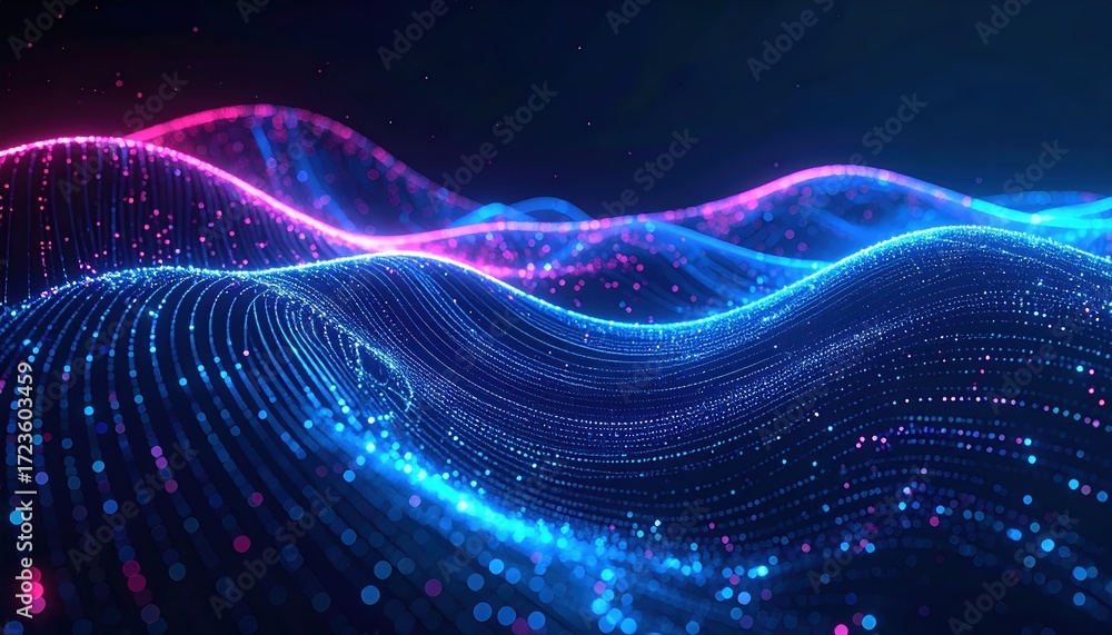 Poster abstract glowing particle field forms an undulating surface of blue and pink light against a dark ba