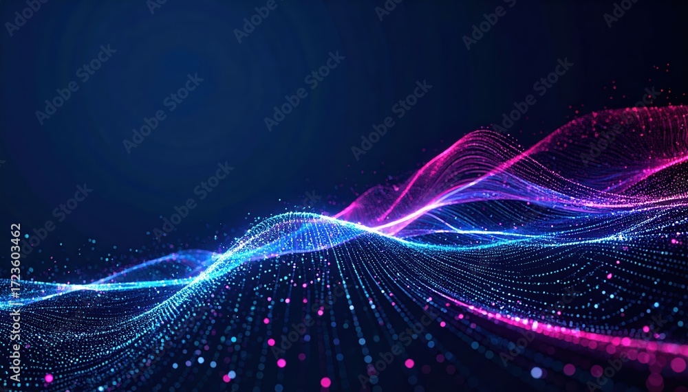 Poster abstract digital landscape with flowing neon light particle waves in blue and magenta creating a mod
