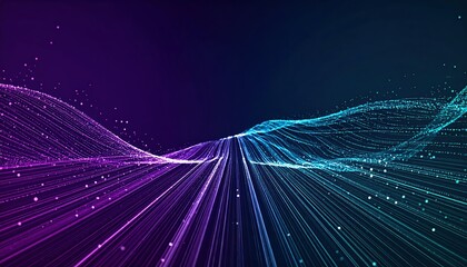 An abstract design features purple and blue flowing lines with shimme light particles creating a futuristic and dynamic visual landscape effect.