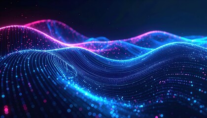 Abstract glowing particle field forms an undulating surface of blue and pink light against a dark background creating a futuristic landscape.