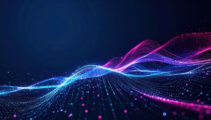 Abstract digital landscape with flowing neon light particle waves in blue and magenta creating a modern futuristic technology background.