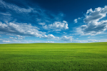 Obraz premium Vast green grassland under a clear blue sky with scattered white clouds