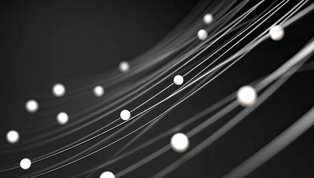 Abstract digital network. White spheres connected by thin lines, creating a dynamic, flowing pattern against a dark background