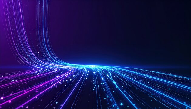 Flowing light trails in vibrant shades of blue and purple create an abstract digital landscape that suggests connectivity and innovation.