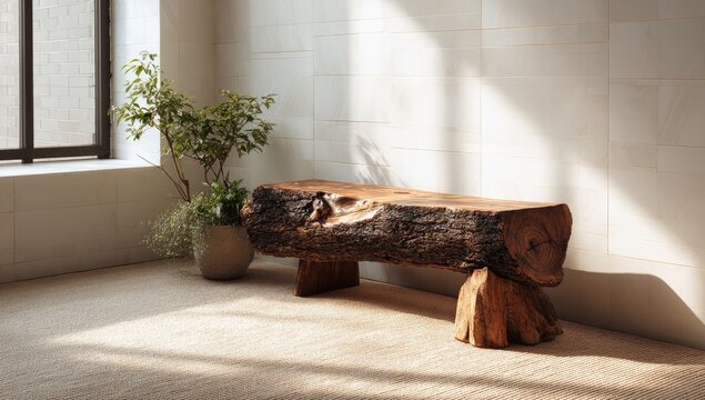 Rustic wooden log bench in sunlit modern space