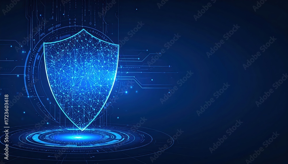 Poster a glowing blue shield composed of digital nodes protects data and information in a futuristic cybers