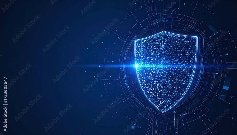 Poster digital shield protecting data with glowing neon blue light and futuristic circle background represe