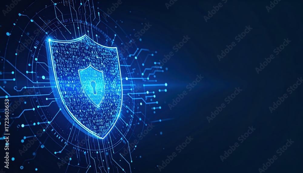 Poster a digital shield with a padlock, surrounded by glowing circuits, represents cybersecurity and data p
