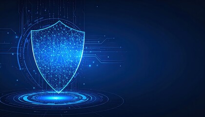 A glowing blue shield composed of digital nodes protects data and information in a futuristic cyberspace network environment beautifully.