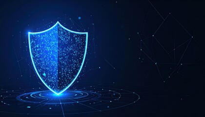 A vibrant blue digital shield hovers above concentric circles with dotted lines against a dark blue backdrop conveying cyber protection securely.