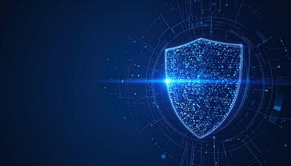 Digital shield protecting data with glowing neon blue light and futuristic circle background representing network security technology concept.