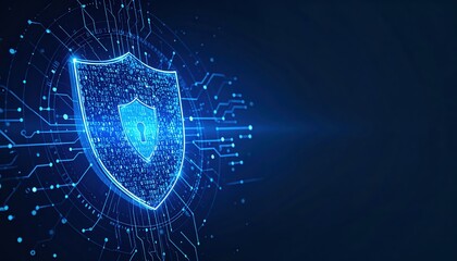A digital shield with a padlock, surrounded by glowing circuits, represents cybersecurity and data protection on a dark blue background.