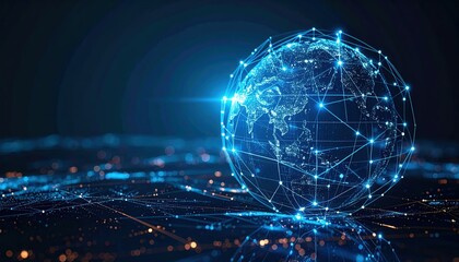 Futuristic world globe connected by digital network, symbolizing global communication and technological advancement with bright blue lights shining