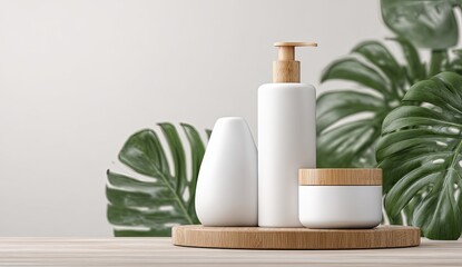 White cosmetic bottles and jar on wooden tray, greenery backdrop