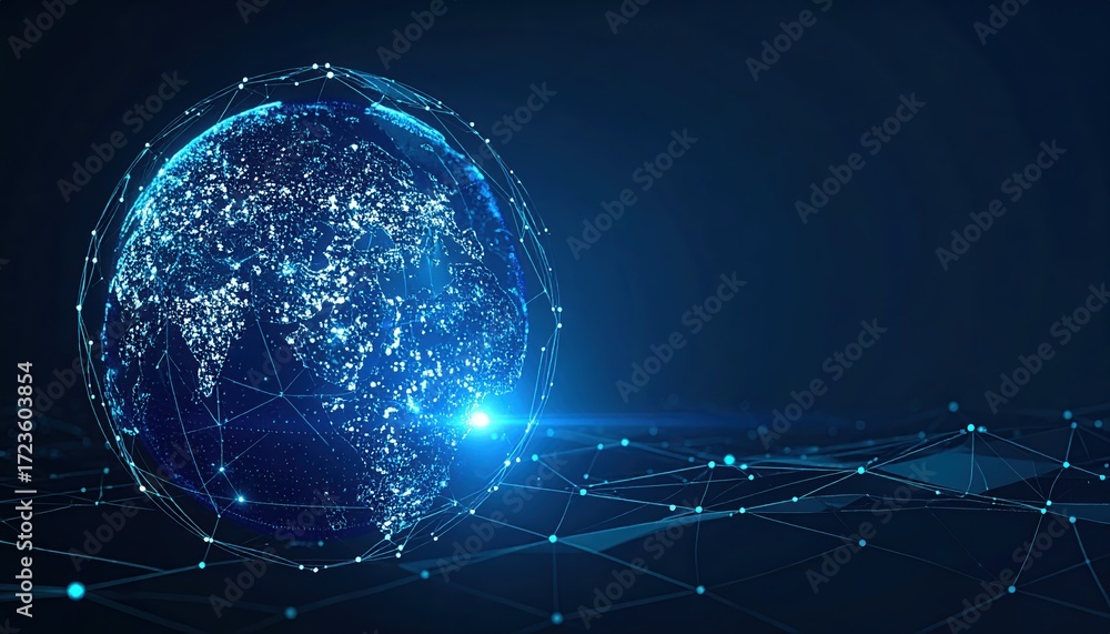 Poster digital earth glows with interconnected nodes and lines, representing global network connectivity an