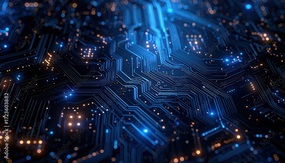Poster intricate motherboard design shows complex network of illuminated blue and gold pathways in close-up