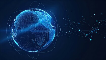 Digital earth globe with network connections represents global communication and technological advancements in a modern world map environment.