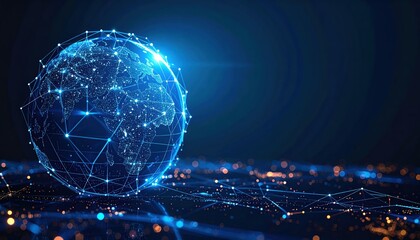 A glowing digital earth floats above a network of connected lights representing global communications and technological advancement worldwide.