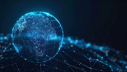 Glowing digital Earth globe with interconnected network connections representing global communication in a modern technological world background.