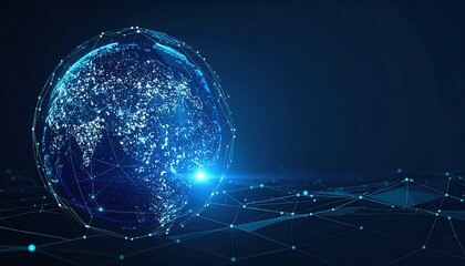 Digital earth glows with interconnected nodes and lines, representing global network connectivity and technological advancement realistically.