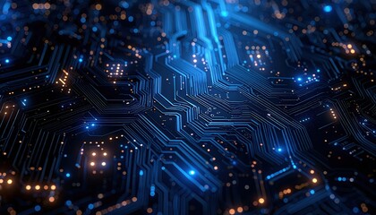 Intricate motherboard design shows complex network of illuminated blue and gold pathways in close-up technology enginee display.