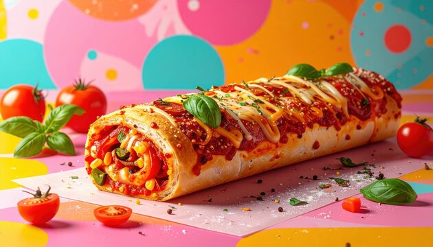 Delicious Pizza Roll with Melted Cheese and Basil on Pink Background