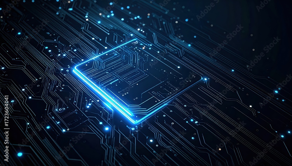 Poster an illuminated central processing unit is seen close up with glowing light across the dark surface o