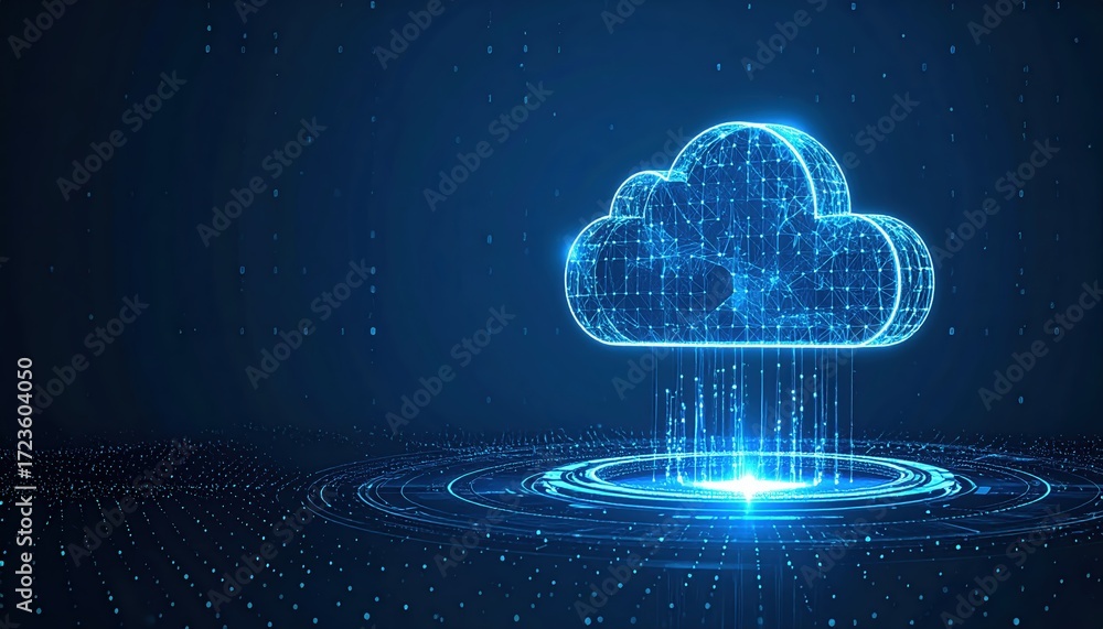 Poster a glowing digital cloud computing graphic is centered above a circular radiant network on a dark blu