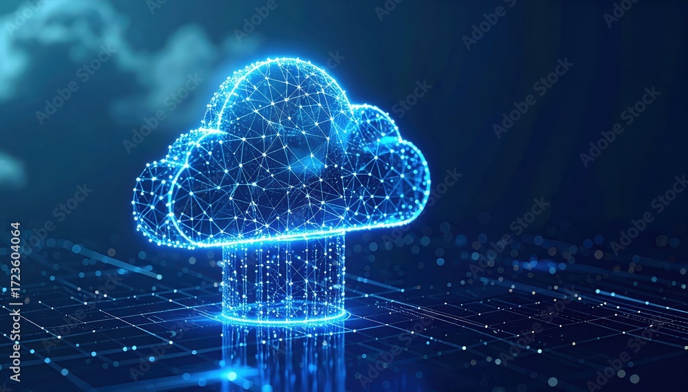 Poster an illuminating digital cloud computing design represents a network connection with vibrant blue lig