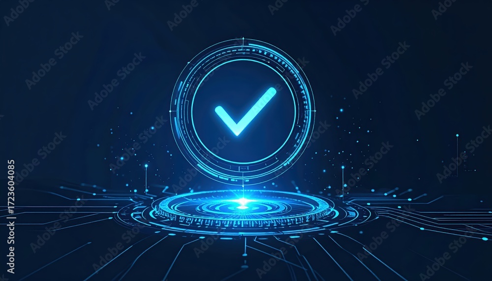 Poster digital confirmation checkmark glows within a futuristic blue circuit platform, representing approva