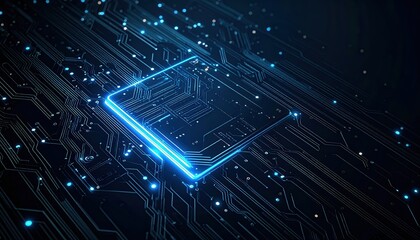 An illuminated central processing unit is seen close up with glowing light across the dark surface of a complex motherboard circuit board.