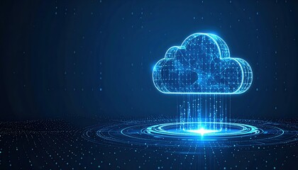 A glowing digital cloud computing graphic is centered above a circular radiant network on a dark blue technology themed backdrop display.