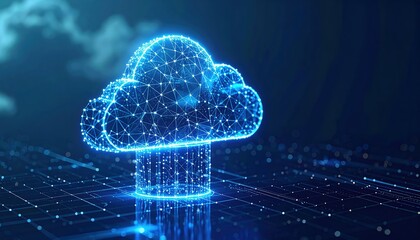 An illuminating digital cloud computing design represents a network connection with vibrant blue light against a dark technological background.