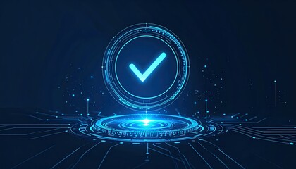 Digital confirmation checkmark glows within a futuristic blue circuit platform, representing approval and technological validation process.