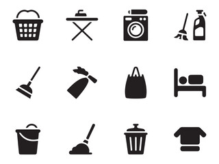A Set of Household & Cleaning Icons – Laundry, Cleaning Tools, Trash, and Home Essentials