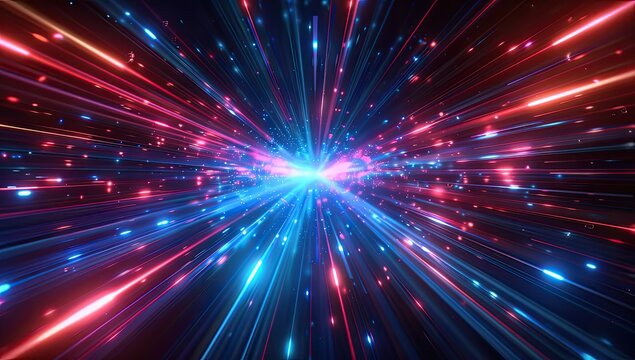 Abstract digital artwork depicting a vibrant, energetic burst of light radiating outwards from a central point, featuring streaks of red and blue against a dark background - Powered by Adobe