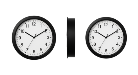 Black wall clock isolated time management clock face accurate time hours passing minimalist on transparent background