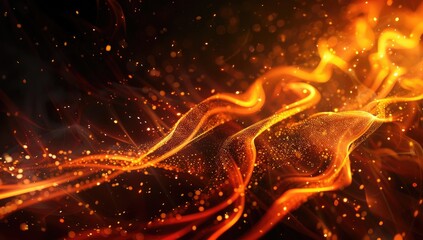 Abstract fiery orange and red wave-like forms on a black background, with glowing particles and bokeh effects, suggesting motion and energy