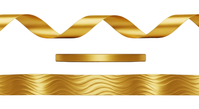 Golden ribbon elegance display Swirling flat wave set on black Luxury awards packaging and on transparent background