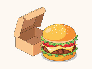 Burger and Box Paper Package 2.5D Illustration