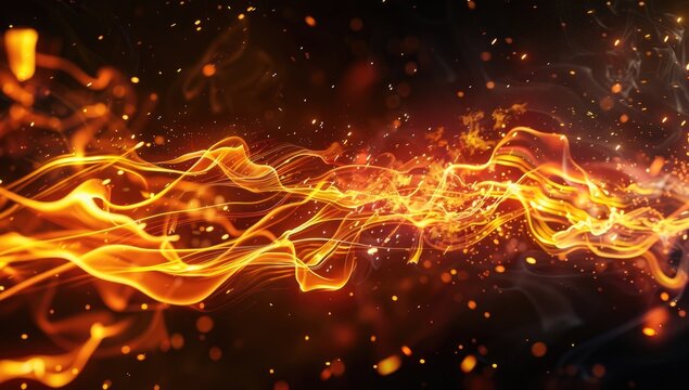 Abstract fiery wave streaks across a dark background, interspersed with glowing embers and particles, creating a dynamic and energetic visual
