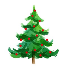 Fototapeta premium A whimsical watercolor depiction of a Christmas tree, adorned with red ornaments, evokes a feeling of festive cheer and holiday enchantment.