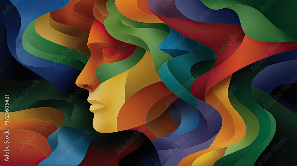 Poster abstract colorful female face in layers of curved stripes and waves representing emotion and creativ