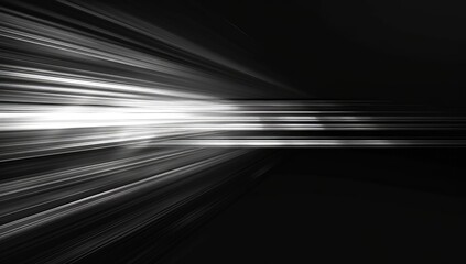 Abstract grayscale image depicting converging light streaks, emanating from a central bright area towards the edges, creating a sense of speed and motion against a dark background