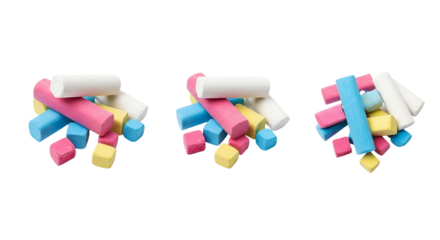 Colorful Chalk Art Education Supplies Three Heaps of Pink Blue Yellow and White Chalk on Dark on transparent background