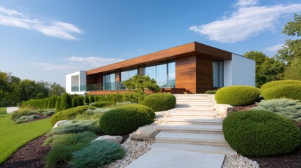 Modern Home with Wooden Facade and Lush Landscaping in Bright Daylight Setting, Ideal for Contemporary Design Inspiration