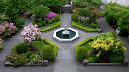 Fototapeta premium Serene Garden Landscape with Fountain Surrounded by Colorful Flowering Plants and Trimmed Greenery