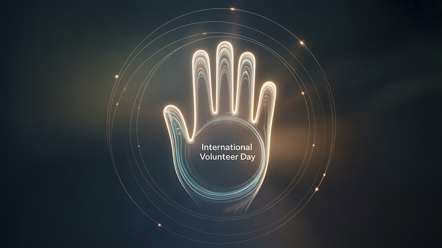Glowing hand silhouette with 'International Volunteer Day' text, surrounded by concentric circles on a dark background