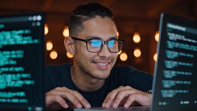 Typing code on laptop screen at night. Programmer studies code on dual monitor. Developer uses keyboard and computer for software testing. Coder focuses on problem solving and debugging. Code runs.