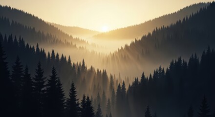 Golden Sunrise Over Misty Forest Mountains